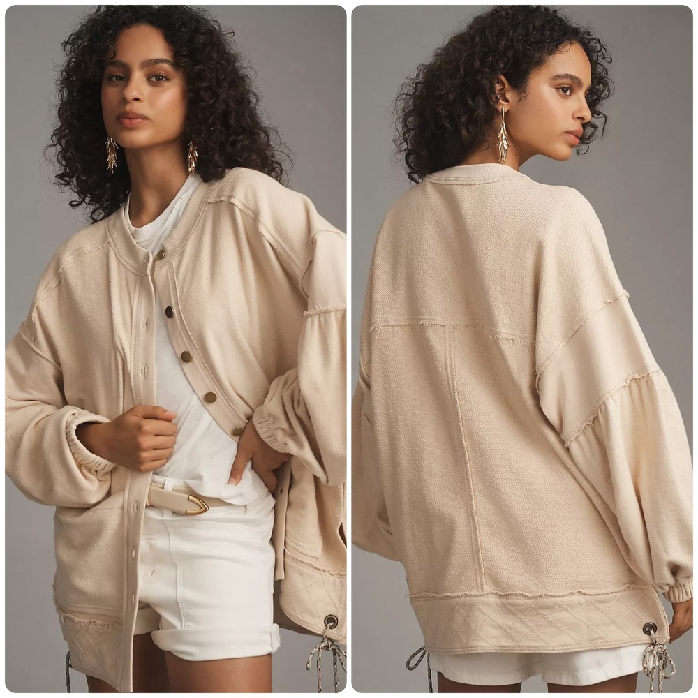 Pilcro Anthropologie Womens Beige Quilted Raw Hem Boho Button Front Shacket S